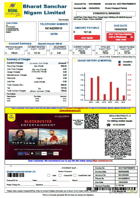 India Bharat Sanchar Nigam Limited utility bill template in Word and PDF formats, version 4